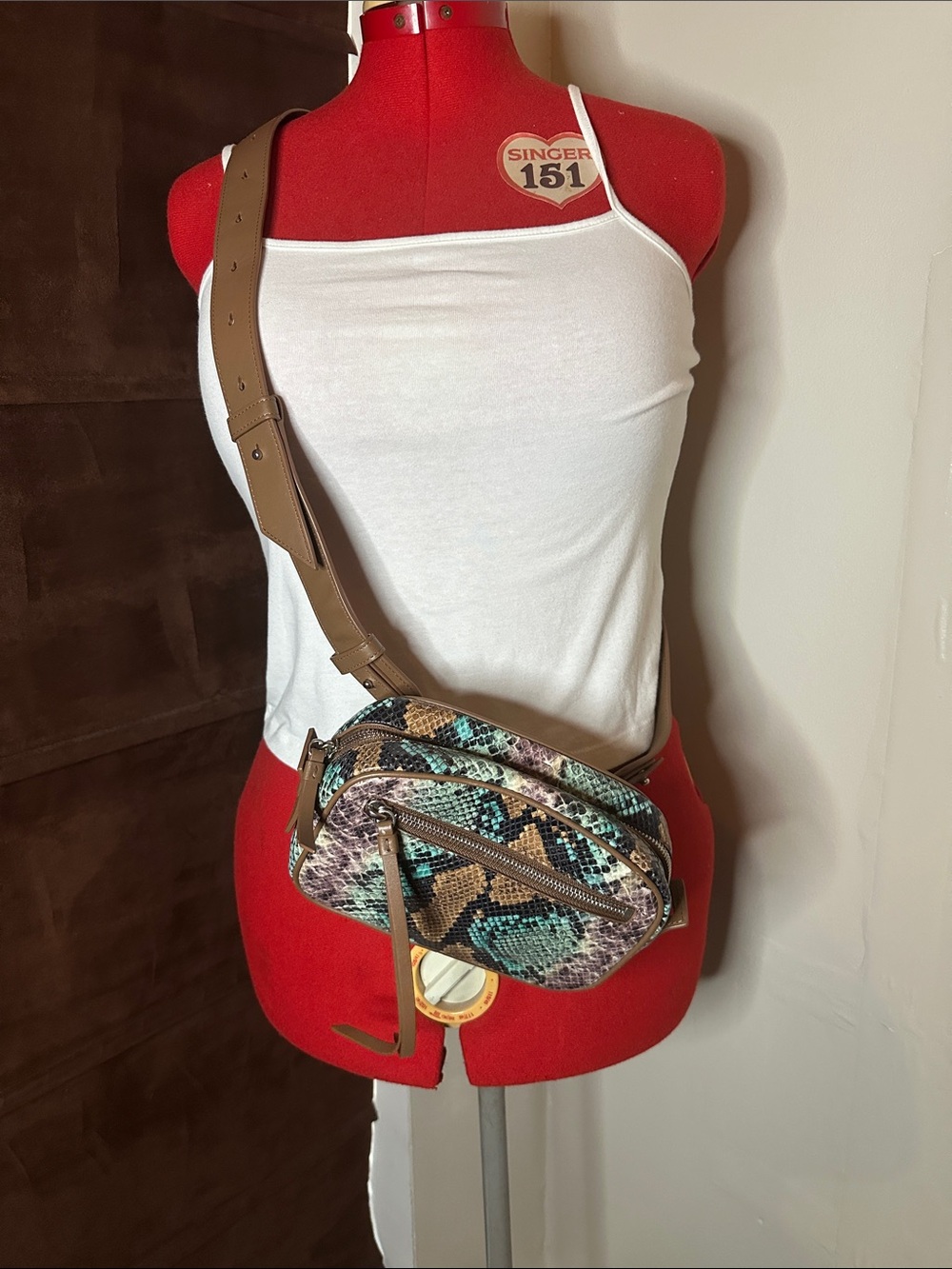 All Saints Multi-Color Snake-Print Crossbody Belt Bag with Tan Strap